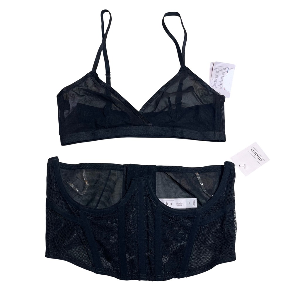 Auden Intimates Black Mesh Bralette and Lace Corset Lingerie Set Small NWT
